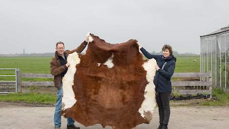 Jeroen en Gusta van der Kooij met een koeienhuid