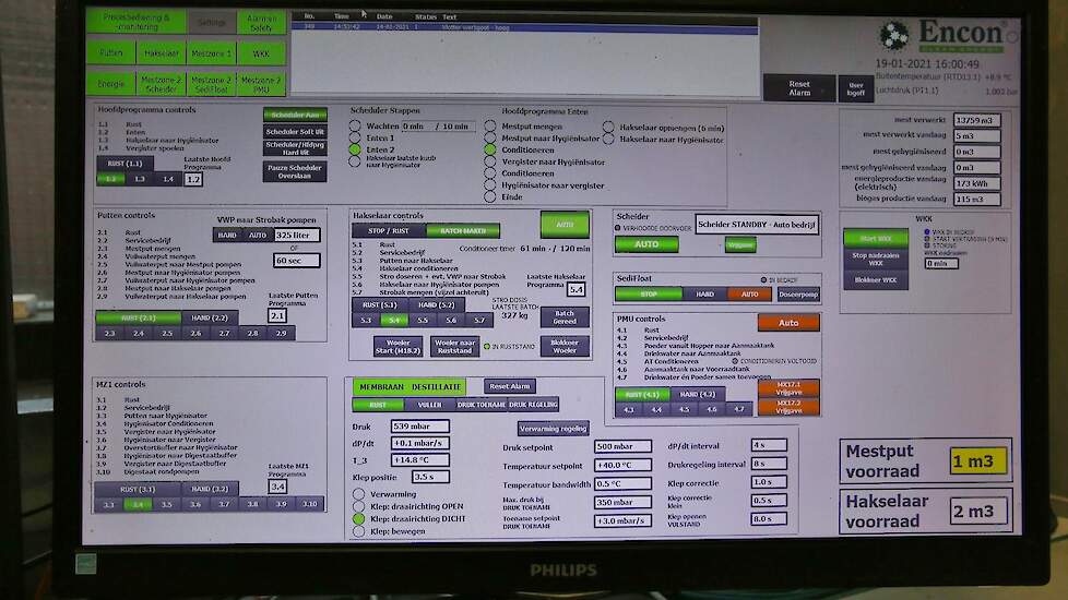 Het uitspoelen gebeurt dagelijks per afdeling via een automatisch systeem. Via een kleppensysteem kan de volgorde van spoelen per afdeling worden bepaald. Via de regelkast (zie foto) is het hele proces te volgen en kan de installatie zelf bediend worden.