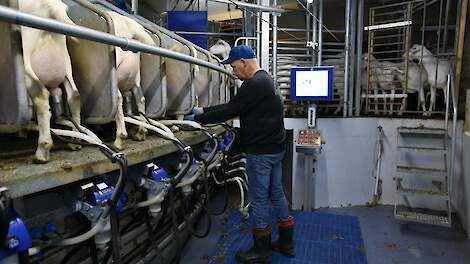 Sander Bremer melkt een paar keer in de week zelf. Voor de andere melkers is de verstelbare vloerplaat handig.