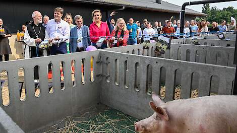 Samen met de Limburgse gedeputeerde Roers (vooraan geheel rechts), wethouder Meuwissen van gemeente Echt-Susteren (midden) en Livar-directeur De Rond (tweede van links) opende staatssecretaris Heijnen de twee nieuwe kraamstallen. Vader Abt, Dom Malachias