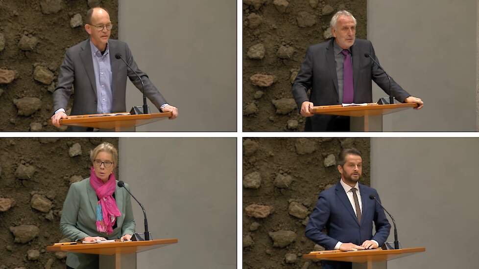 De nieuwe Kamerleden in de Landbouwcommissie. Van linksboven met de klok mee: Cor Pierik (BBB), Harm Holman (NSC), André Flach (SGP) en Jeanet Nijhof (PVV)