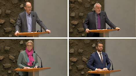 De nieuwe Kamerleden in de Landbouwcommissie. Van linksboven met de klok mee: Cor Pierik (BBB), Harm Holman (NSC), André Flach (SGP) en Jeanet Nijhof (PVV)