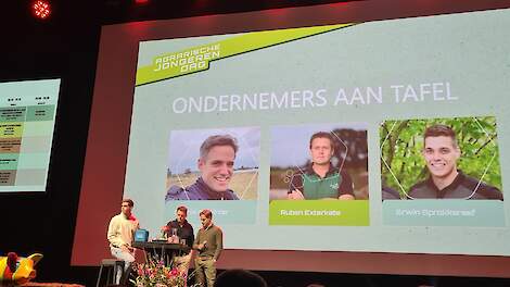 Dennis de Winter en Ruben Exterkate deelden hun verhalen met ruim zevenhonderd agrarische jongeren.