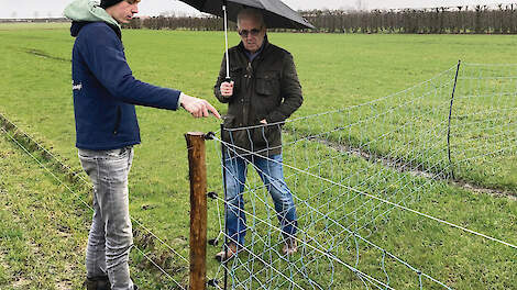Schapenhouder Jan-Joost Moerdijk uit Waarde (links) en gedeputeerde Wilfried Nielen bekijken een wolfwerend raster.