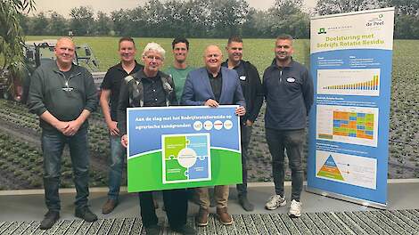 Op de foto v.l.n.r.: William van der Heijden (akkerbouwer), Rob Wientjes (melkveehouder), Peter van Dijk (Waterschap Aa & Maas), Martijn Vermeer (melkveehouder), Marc Oudenhoven (Provincie Noord-Brabant), Peer Schraven (tuinbouwer), Marcel Klaassens (tuin